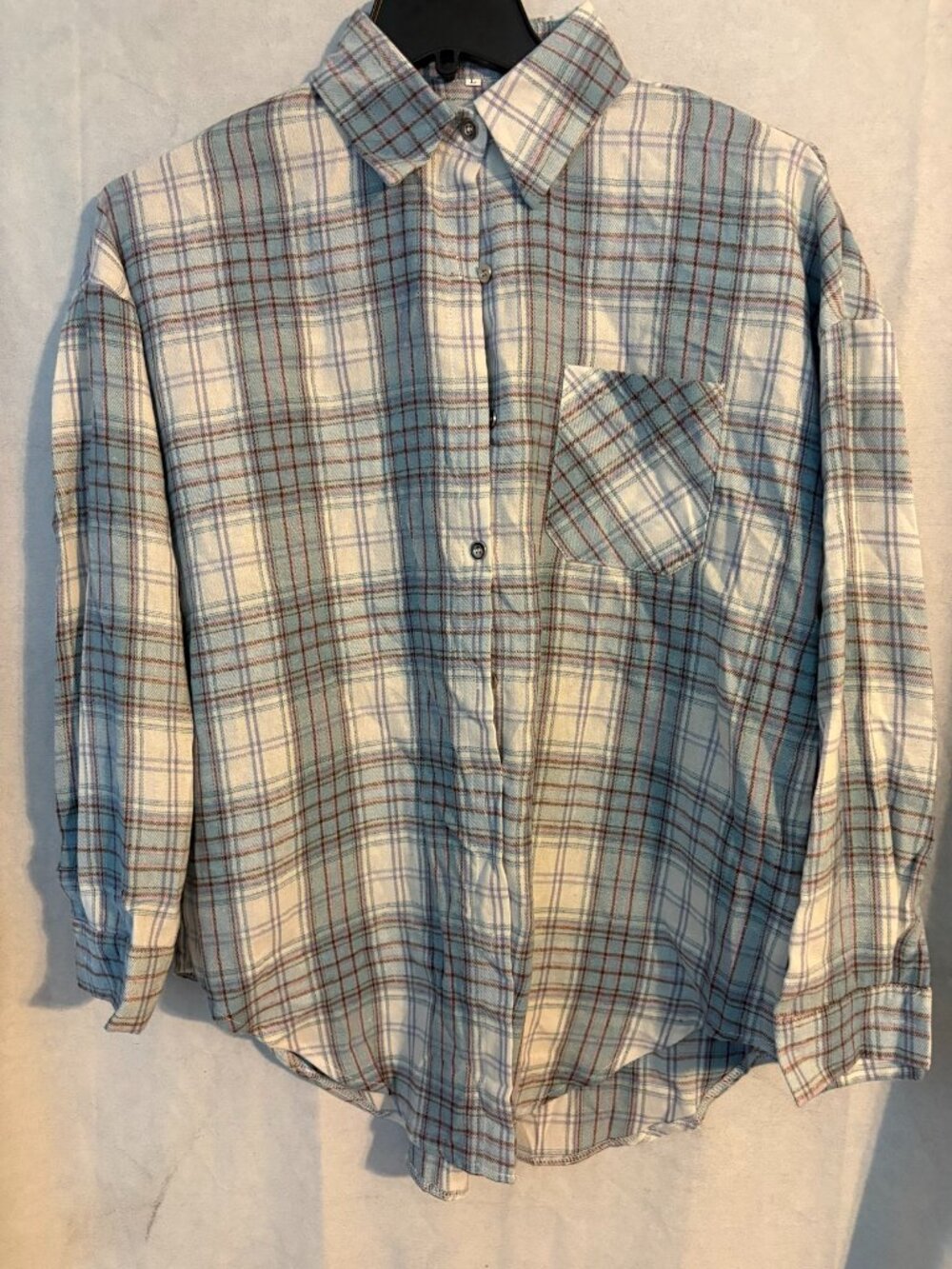 Plaid Flannel Button-Down Shirt Blue White Long Sleeve Chest Pocket Size Large